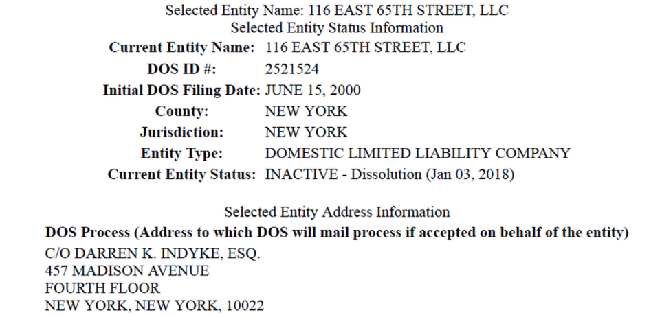 This screenshot shows records from the New York Division of Corporations of the limited liability company which was created for the purchase of a home where Ghislaine Maxwell lived from 2000 to 2016. But the corporate documents list an address that was Jeffrey Epstein’s New York address and listed his lawyer.