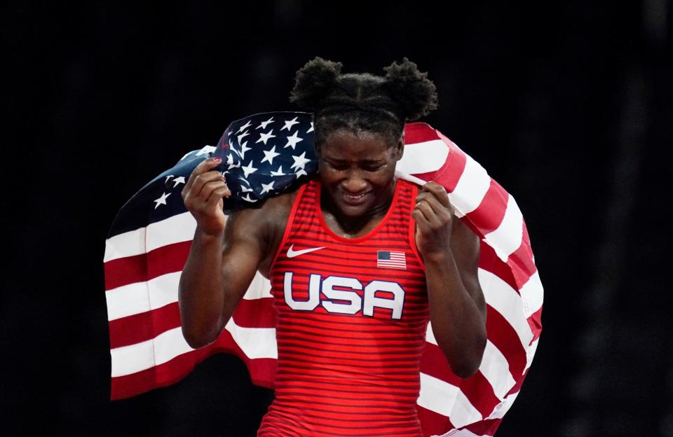 Tamyra Mensah-Stock (USA) celebrates after defeating Blessing Oborududu (NGR) in the women's freestyle 68kg final during the Tokyo 2020 Olympic Summer Games at Makuhari Messe Hall A.