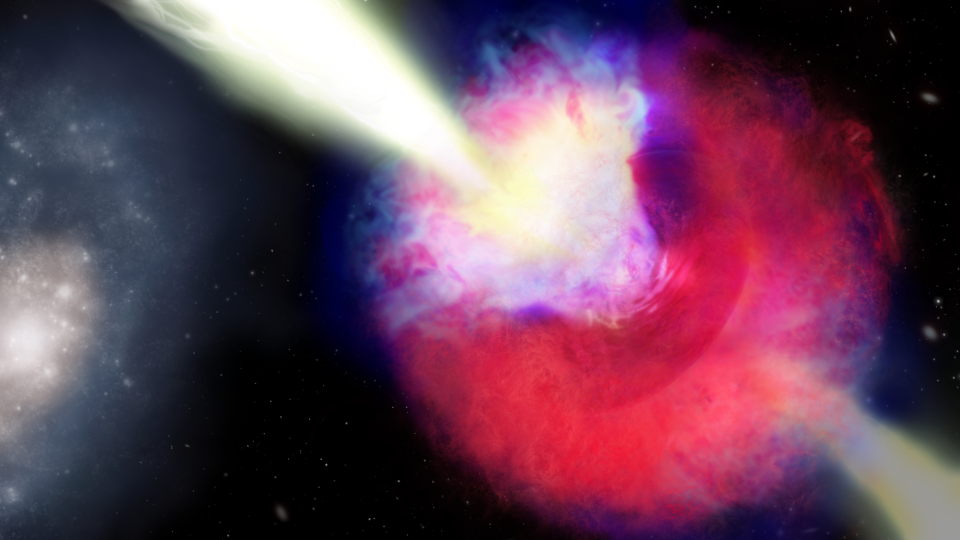 An illustration of a kilonova and a gamma-ray burst, with blue representing squeezed material and red indicating material ejected by the two neutron stars swirling around the merged object they created.