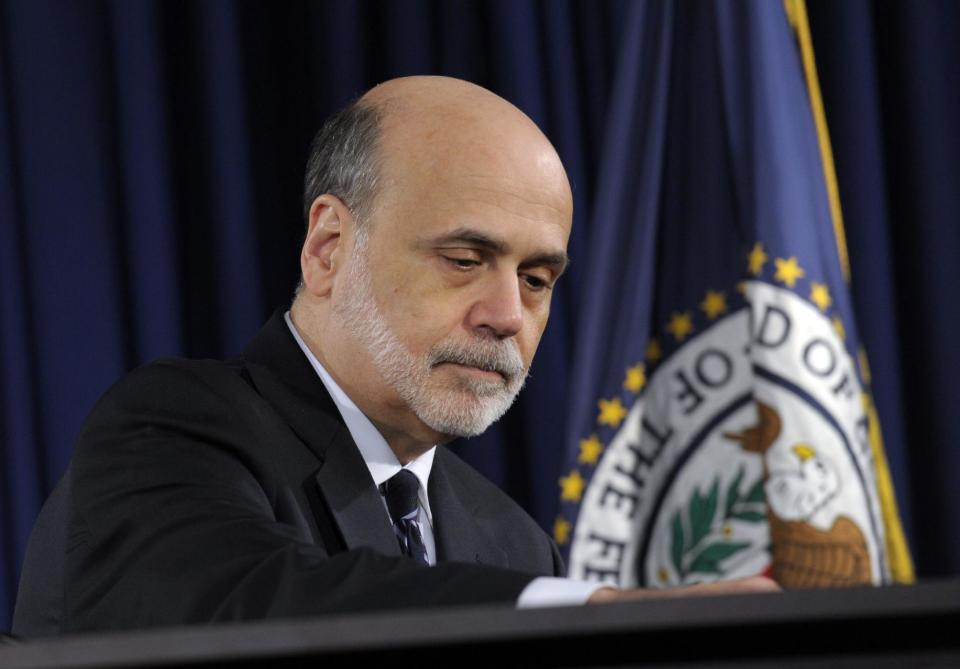 Federal Reserve Chairman Ben Bernanke prepares to speak during a news conference at the Federal Reserve in Washington, Wednesday, April 25, 2012. The news conference followed the Federal Open Market Committee meeting presenting the FOMC's current economic projections. (AP Photo/Susan Walsh)