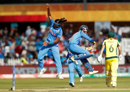 Cricket - Australia vs India - Women's Cricket World Cup Semi Final - Derby, Britain - July 20, 2017 India's Shikha Pandey celebrates the wicket of Australia's Beth Mooney Action Images via Reuters/Lee Smith