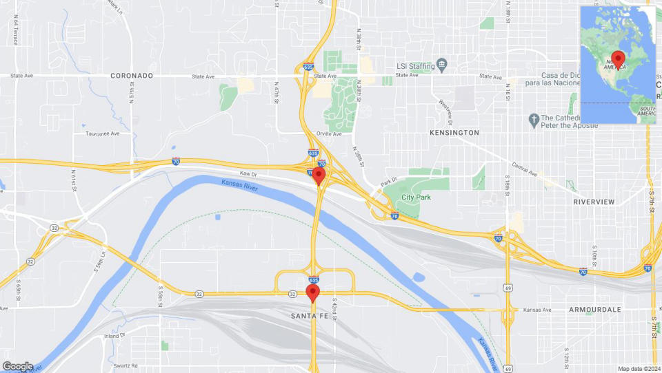 A detailed map that shows the affected road due to 'Lane on I-635 closed in Kansas City' on July 25th at 11:20 p.m.