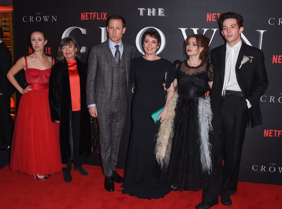 LONDON, ENGLAND - NOVEMBER 13: (L-R) Erin Doherty, Marion Bailey, Tobias Menzies, Olivia Colman, Helena Bonham Carter and Josh O'Connor attend the World Premiere of Netflix Original Series "The Crown" Season 3 at The Curzon Mayfair on November 13, 2019 in London, England. (Photo by David M. Benett/Dave Benett/WireImage)