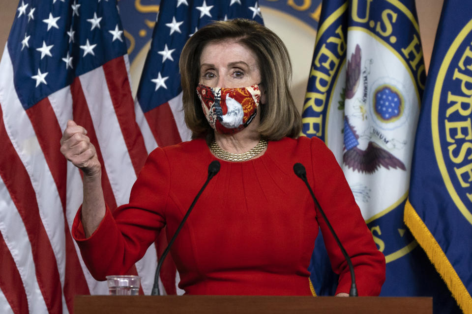 House Speaker Nancy Pelosi, of Calif., speaks during her weekly briefing, Friday, Dec. 4, 2020, on Capitol Hill in Washington. (AP Photo/Jacquelyn Martin)