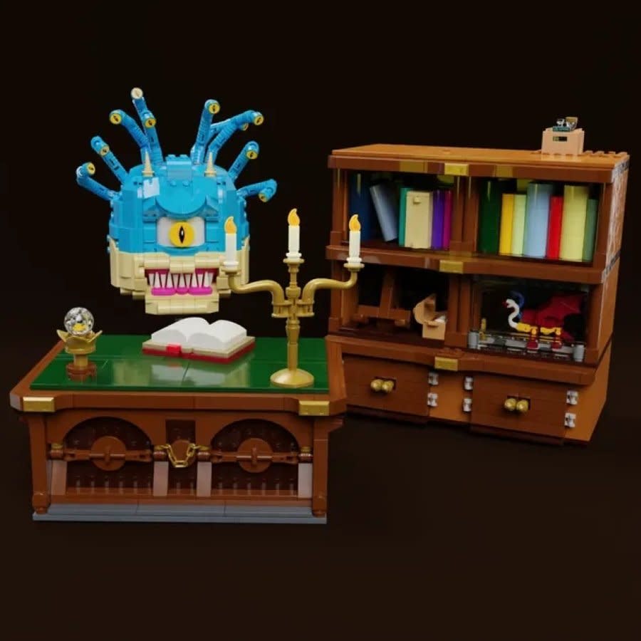 Xanathar, a desk, and a bookshelf made of LEGO