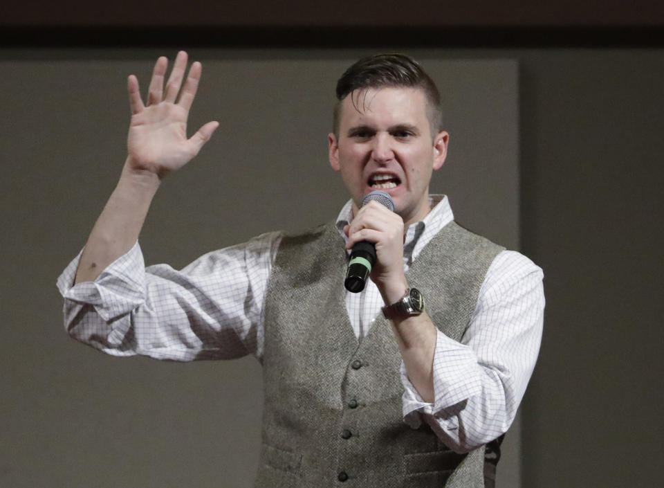 FILE - In this Dec. 6, 2016, file photo, Richard Spencer, who leads a movement that mixes racism, white nationalism and populism, speaks at the Texas A&M University campus in College Station, Texas. A trial is beginning in Charlottesville, Virginia to determine whether white nationalists who planned the so-called “Unite the Right” rally will be held civilly responsible for the violence that erupted. (AP Photo/David J. Phillip, File)