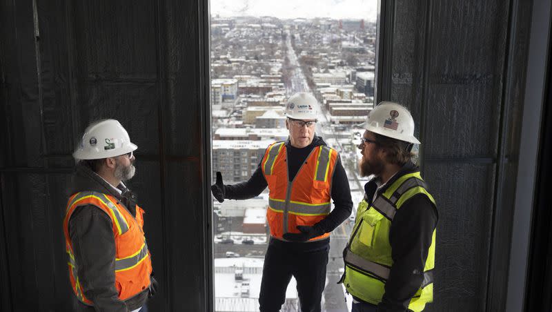 Rick Millward, The Worthington project manager, Dave Layton, president & CEO of Layton Construction, and Patrick Taylor, project supervisor, discuss the ongoing construction of The Worthington in Salt Lake City on Thursday, Jan. 11, 2024.