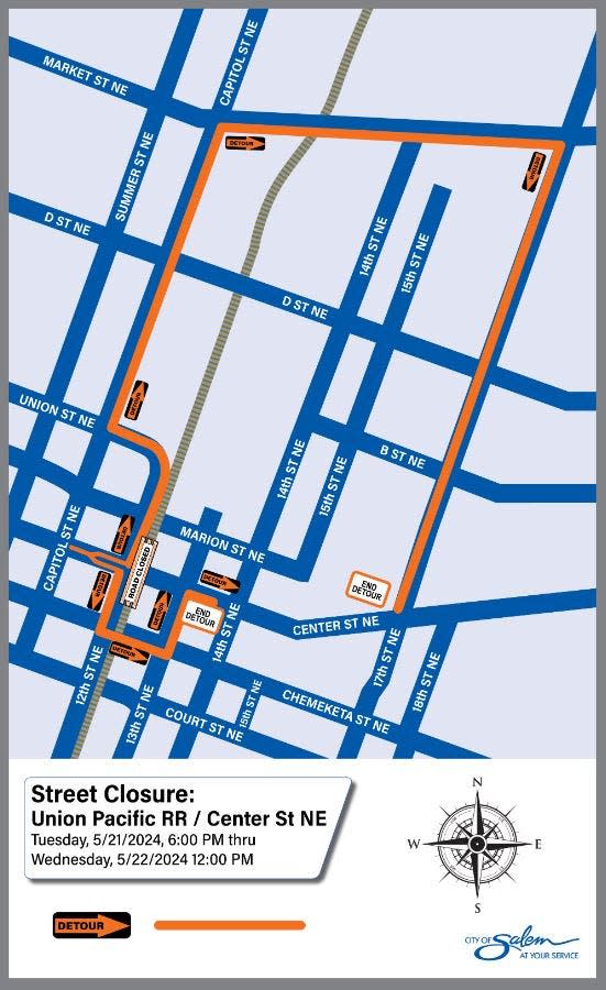 A map of detours available during the 18-hour closure of Center Street NE east of downtown Salem.