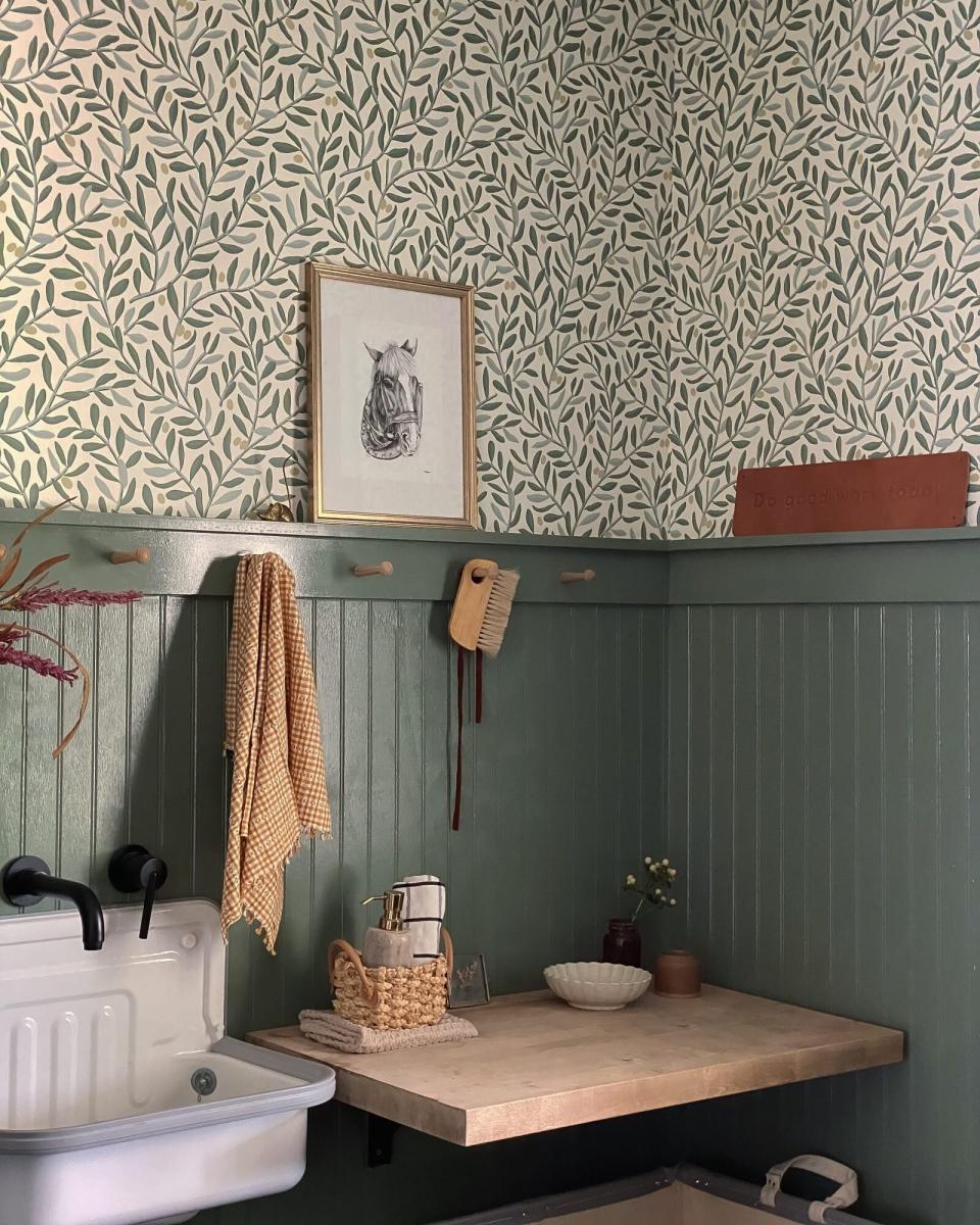 Laundry Room, Green Paint and Verdant Wallpaper above