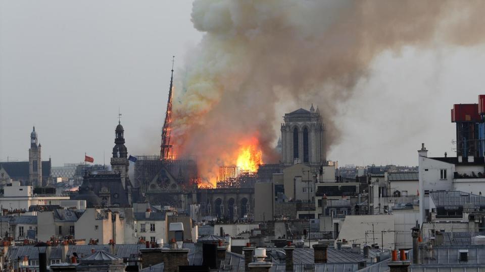 Notre Dame Cathedral has gone up in flames; the spire and roof have collapsed; a tower is alight. Source: AAP