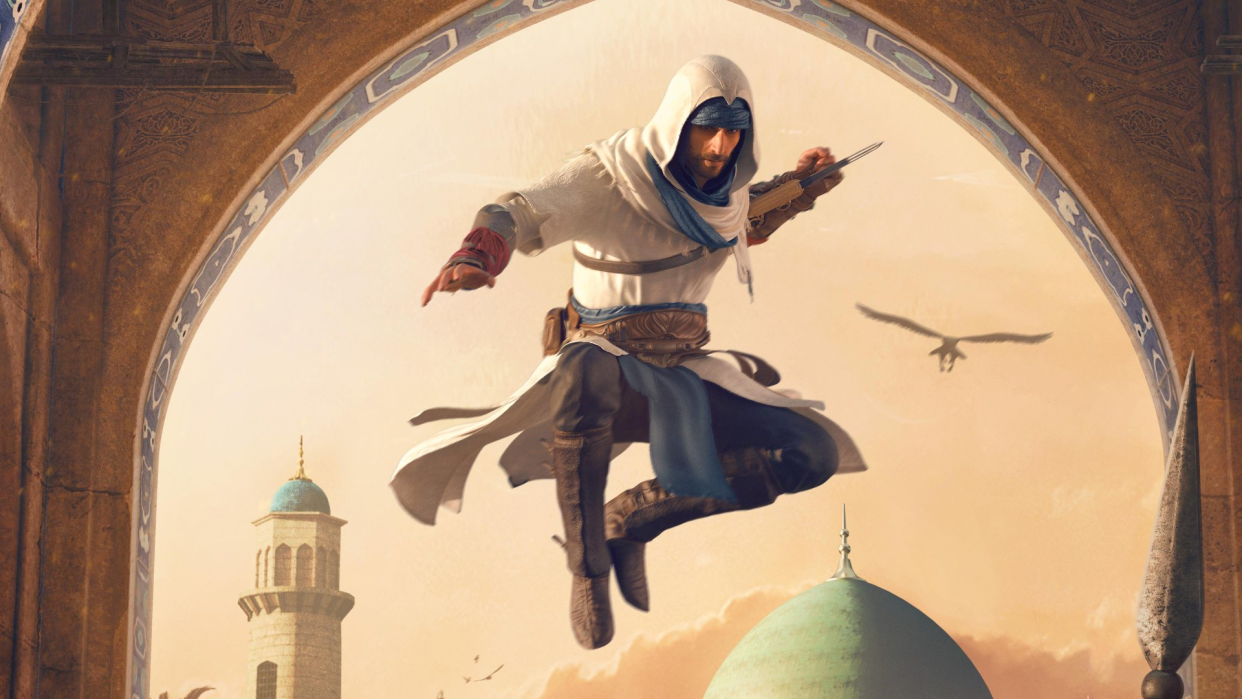  a young Basim dressed in iconic white Assassin's Creed robes in midair  