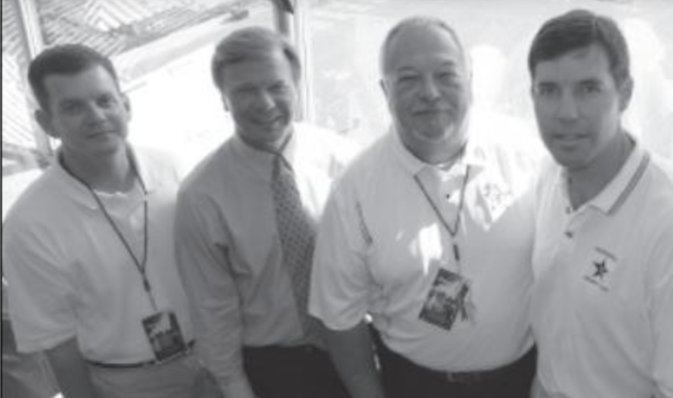 Joe Fisher, second from the left, and John Gromos, right, former play-by-play and color analyst for the Vanderbilt football broadcast, will be back together Friday for for the radio broadcast of the Nashville Christian vs. University School of Jackson TSSAA playoff game on WNSR 560-AM/95.9-FM. Also in the photo is former Vanderbilt sideline reporter Kevin Ingram, left, and producer Bob Horner.