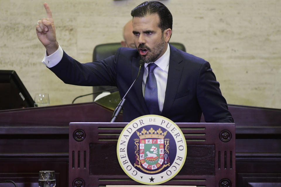 Puerto Rico's Gov. Ricardo Rossello delivers his commonwealth address at the seaside Capitol in San Juan, Puerto Rico, Wednesday, April 24, 2019. He pledged on Wednesday to lift the U.S. territory from a deep recession by creating more jobs, reversing a migration exodus and implementing a range of incentives as the island struggles to recover from Hurricane Maria. (AP Photo/Carlos Giusti)