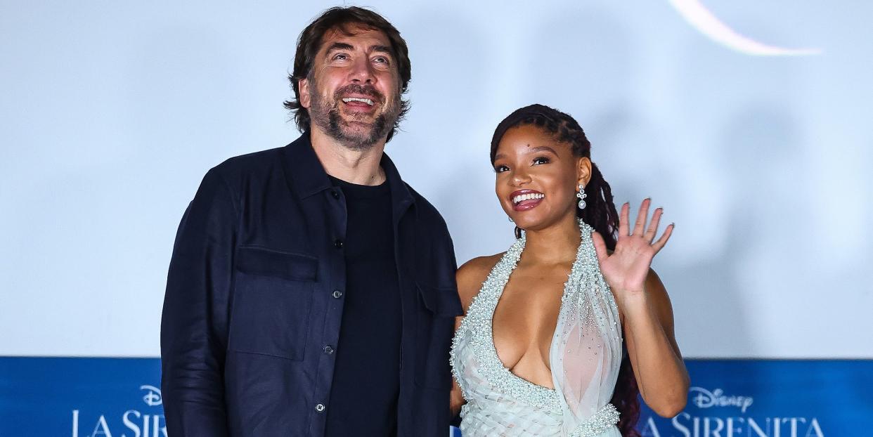 mexico city, mexico may 11 javier bardem and halle bailey pose during the fan event for the premiere of disneys the little mermaid at parque toreo on may 11, 2023 in mexico city, mexico photo by hector vivasgetty images for disney