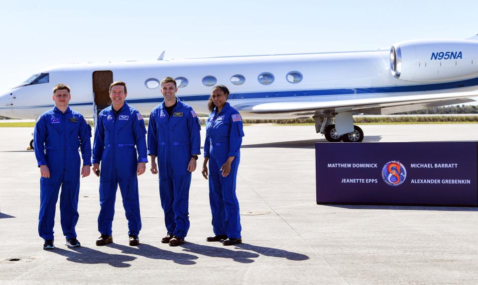 The four astronauts of NASA SpaceX Craw 8: Alexander Grebenkin, Michael Barratt, Matthew Dominick and Jeanette Epps arrive at Kennedy Space Center for their launch next week to the International Space Station Craig Bailey/FLORIDA kTODAY via USA TODAY NETWORK