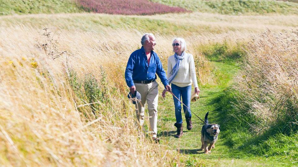 elderly couple taking their dog on a walk