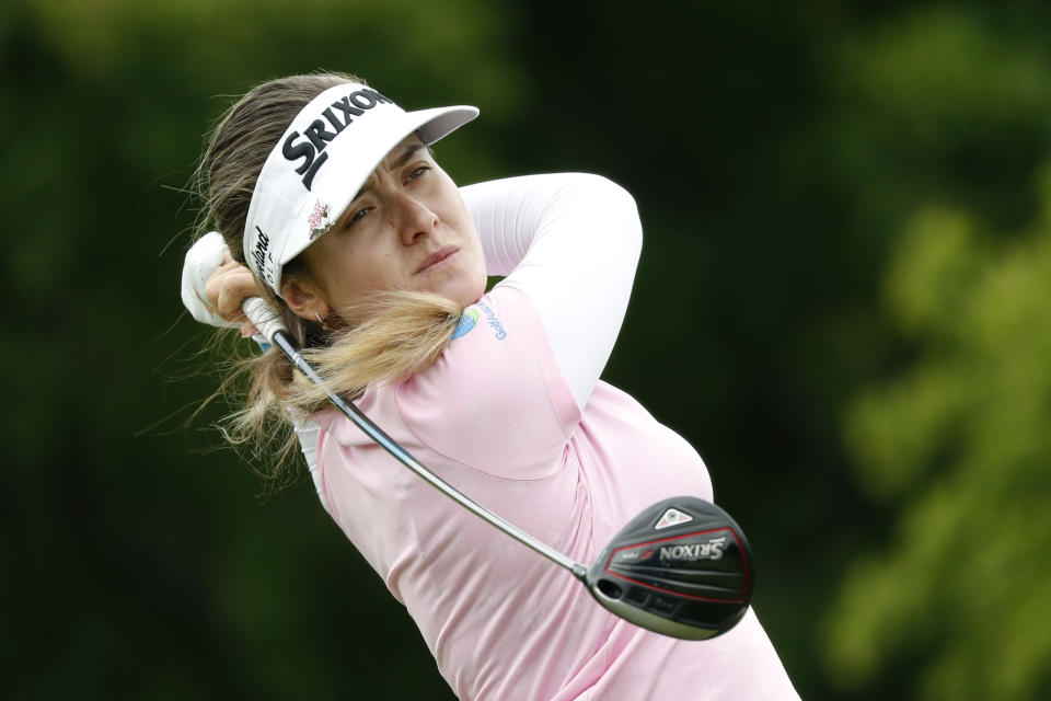 Hannah Green, of Australia, hits off the 10th tee during the third round of the KPMG Women's PGA Championship golf tournament, Saturday, June 22, 2019, in Chaska, Minn. (AP Photo/Charlie Neibergall)