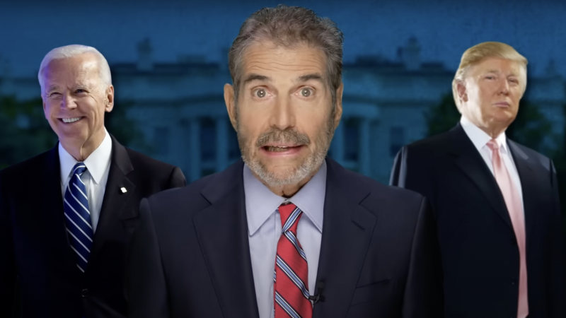 John Stossel is seen in front of a blue tinted image of the White House with a photo of Joe Biden to his left and a photo of and Donald Trump to his right