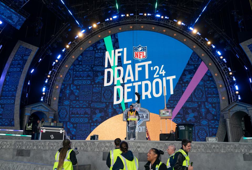 Members of the NFL are setting up the main theater area on Tuesday, April 23, 2024 for the NFL draft as members of the media get a sneak peek.