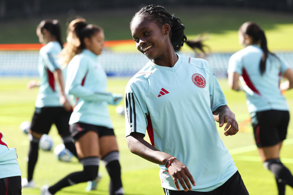 Colombia's Linda Caicedo trains with her teammates at Leichhardt Oval ahead of their game against Germany in Sydney, Australia, Saturday, July 29, 2023. (AP Photo/Sophie Ralph)