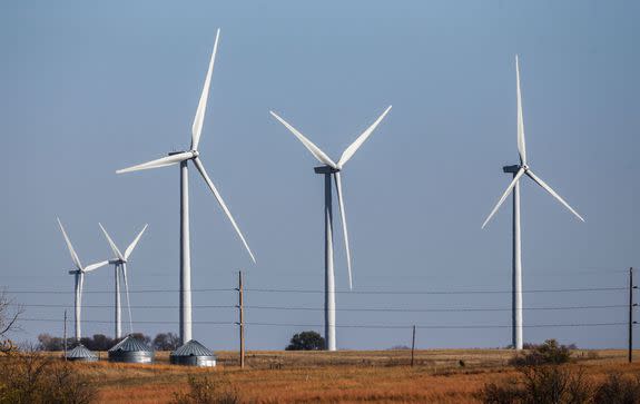 Wind turbines dot the landscape near Steele City, Neb.