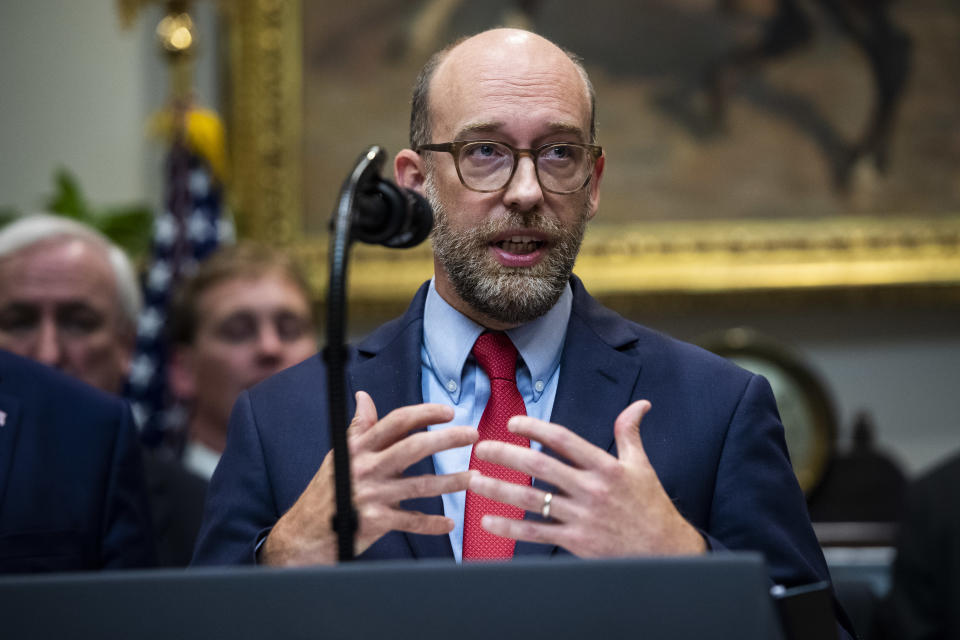 Acting Office of Management and Budget (OMB) Director Russell Vought speaks with President Donald J. Trump during a signing ceremony for Executive Orders on transparency in Federal guidance and enforcement in the Roosevelt Room at the White House on Wednesday, Oct 09, 2019 in Washington, DC. (Photo: Jabin Botsford/The Washington Post via Getty Images)