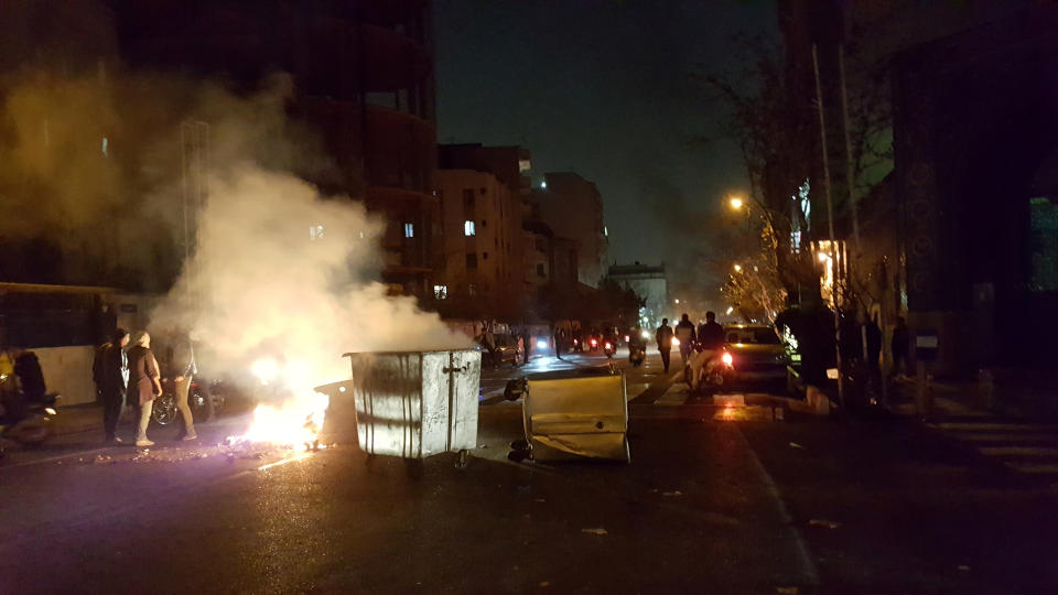 <p>People protest in Tehran, Iran, Dec. 30, 2017 in this picture obtained from social media. (Video still: Reuters) </p>