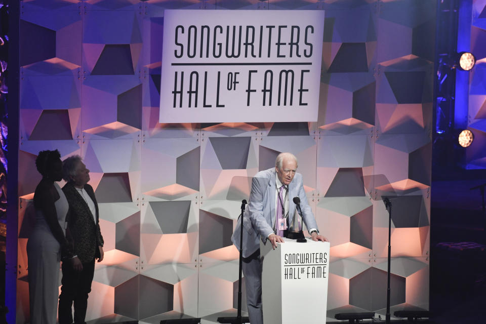 Inductee Tim Rice gives his acceptance speech at the 52nd annual Songwriters Hall of Fame induction and awards ceremony at the New York Marriott Marquis Hotel on Thursday, June 15, 2023, in New York. (Photo by Evan Agostini/Invision/AP)