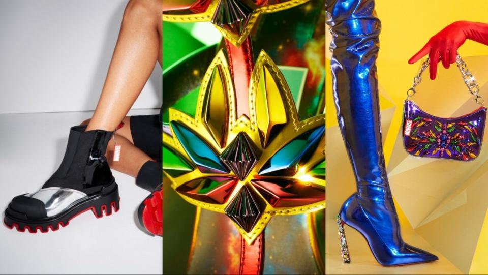 Marvel Louboutin shoe collection, boots, heels, and a bag