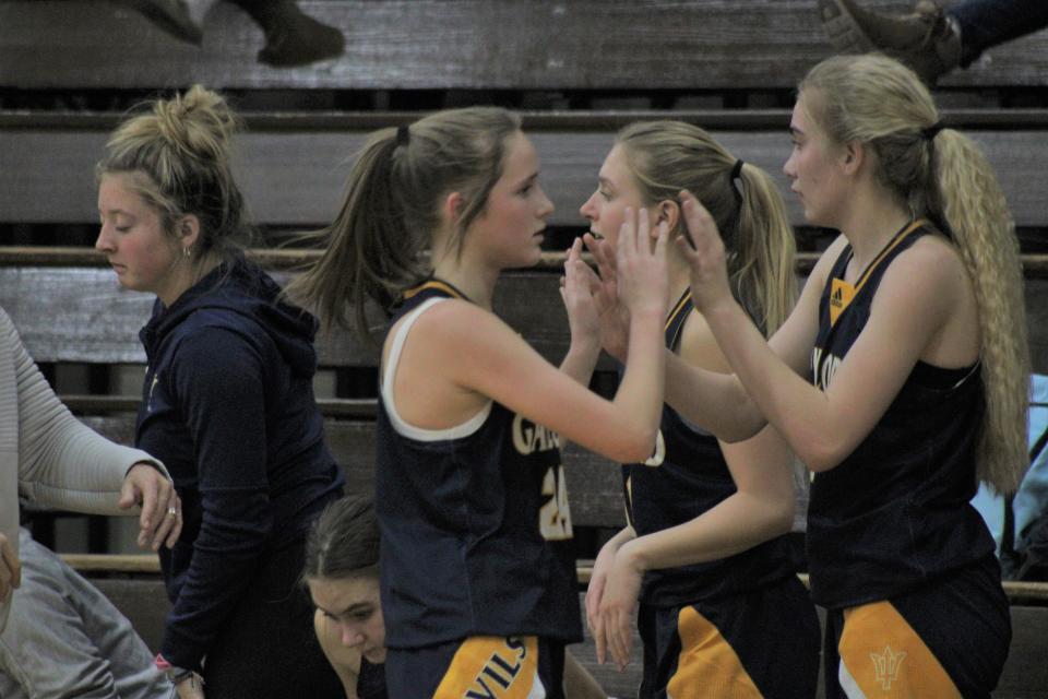 Gaylord freshman Karlee Pretzlaff (24) gets congratulated by teammates as she takes a break from action during the first half at Cheboygan.