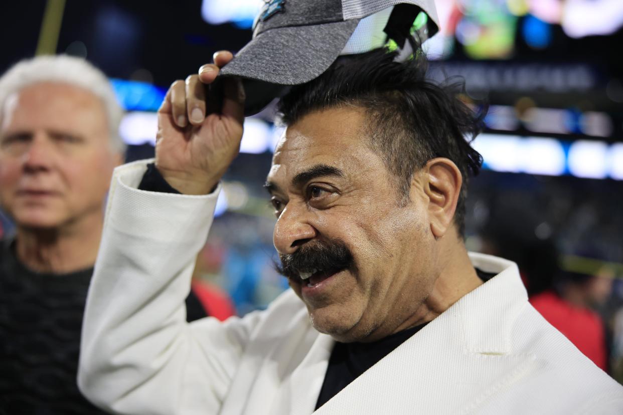 Jaguars owner Shad Khan is all smiles after the Jaguars beat Tennessee 20-16 in January to win the AFC South and make the NFL playoffs for the first time since 2017.