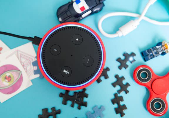 The Amazon Echo Dot Kids Edition comes with colorful rubber covers that include green, red, and blue.