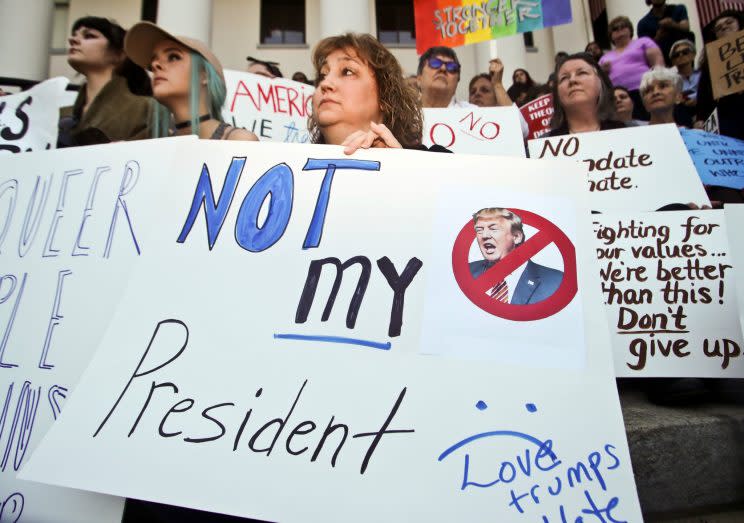 Protester Kim Lisenby demonstrates against the election of Republican Donald Trump as President of the United States in Tallahassee, Florida, U.S., November 16, 2016. (Photo: Phil Sears/Reuters)