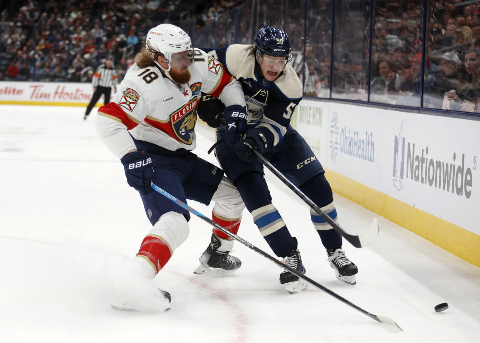 Columbus Blue Jackets forward Eric Robinson, right, chases the puck in front of Florida Panthers defenseman Marc Staal during the second period an NHL hockey game in Columbus, Ohio, Sunday, Nov. 20, 2022. (AP Photo/Paul Vernon)