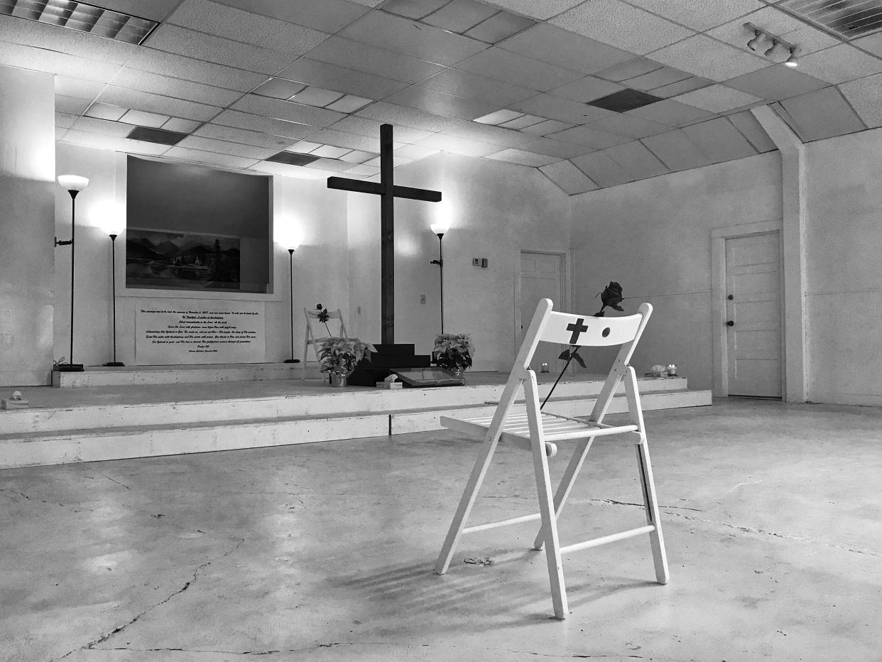 The First Baptist Church in Sutherland Springs, Texas, the site of last November’s deadly mass shooting, has turned its sanctuary into a memorial for the 26 victims. (Photo: Holly Bailey/Yahoo News)