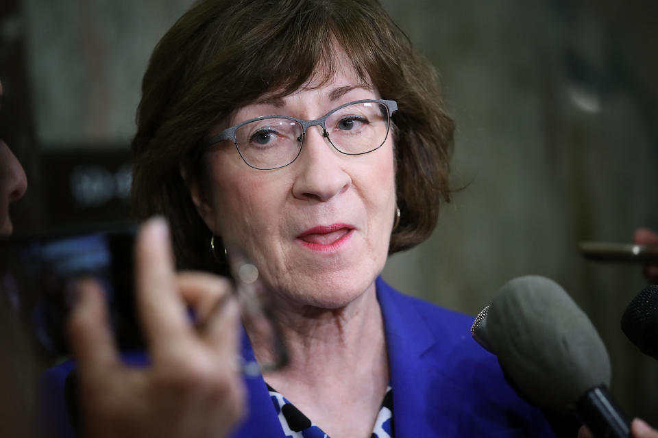 Sen. Susan Collins (R-Maine) answers questions from reporters on Monday about an allegation against Supreme Court nominee Brett Kavanaugh.&nbsp; (Photo: Win McNamee via Getty Images)