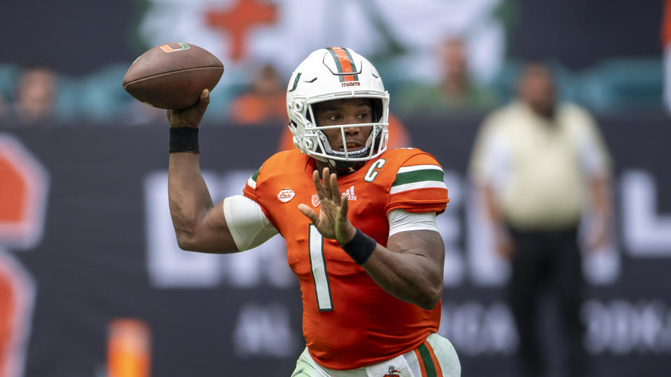 Miami quarterback D'Eriq King (1) during an NCAA football game on Saturday, Sept 18, 2021 in Miami Gardens, Fla. (AP Photo/Doug Murray)