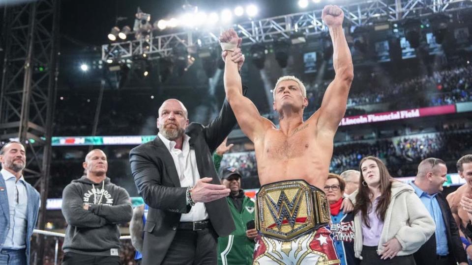  Cody Rhodes (R) and Triple H celebrate during Night Two of WrestleMania 40 at Lincoln Financial Field on April 7, 2024. 