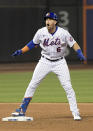 New York Mets' Jeff McNeil reacts after hitting an RBI-double, scoring Brandon Nimmo, in the fifth inning of the second game of a baseball doubleheader against the Atlanta Braves, Monday, July 26, 2021, in New York. (AP Photo/Bill Kostroun)