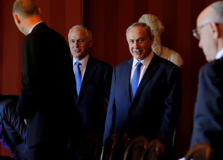 Israeli Prime Minister Benjamin Netanyahu (R) and Australian Prime Minister Malcolm Turnbull arrive at their bilateral meeting at Admiralty House in Sydney, Australia, February 22, 2017. REUTERS/Jason Reed