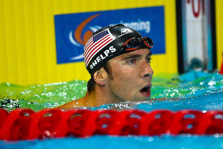 Michael Phelps at the Gold Coast Aquatic Centre after competing in the Pan Pacific swimming championships' 200m butterfly final on August 23, 2014