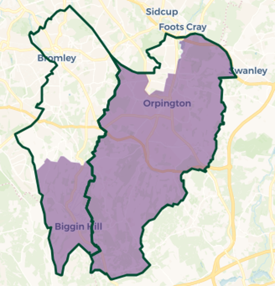 Orpington constituency map: Purple shaded area old constituency boundary. Green outlines new constituency boundaries (© OpenStreetMap contributors | © CARTO)