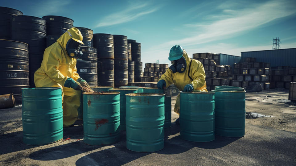 A team of waste management experts inspecting a stack of hazardous waste barrels.