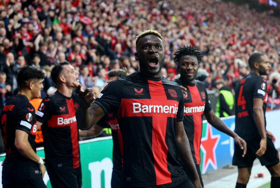 Europa League - Quarter Final  - Bayer Leverkusen's Victor Boniface tütet Sieg ein: REUTERS/Wolfgang Rattay