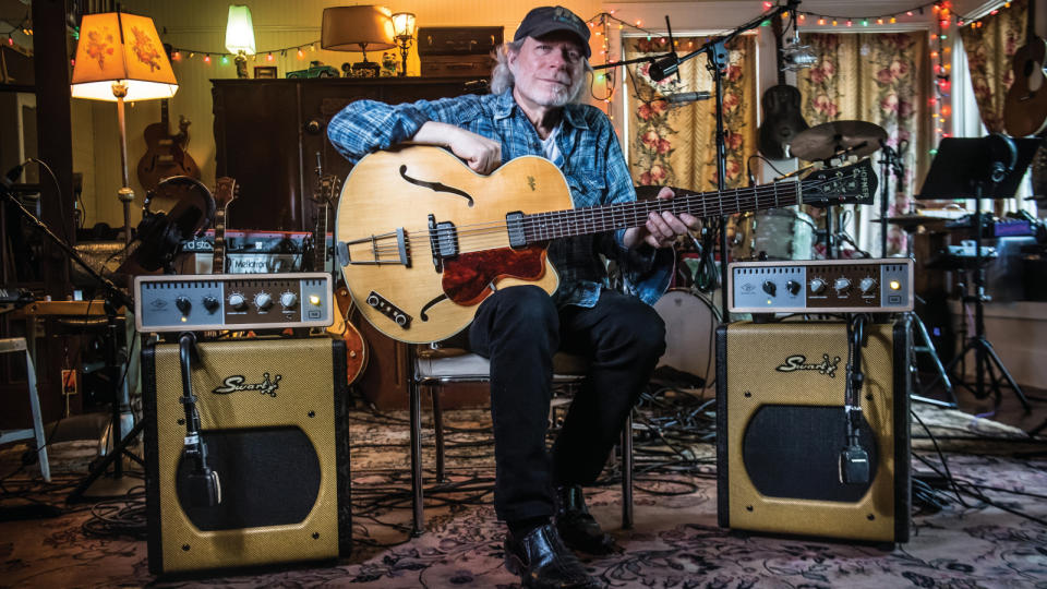 Miller with his Hofner six-string bass, two Universal Audio Ox units and a pair of Swart AST Pro amps