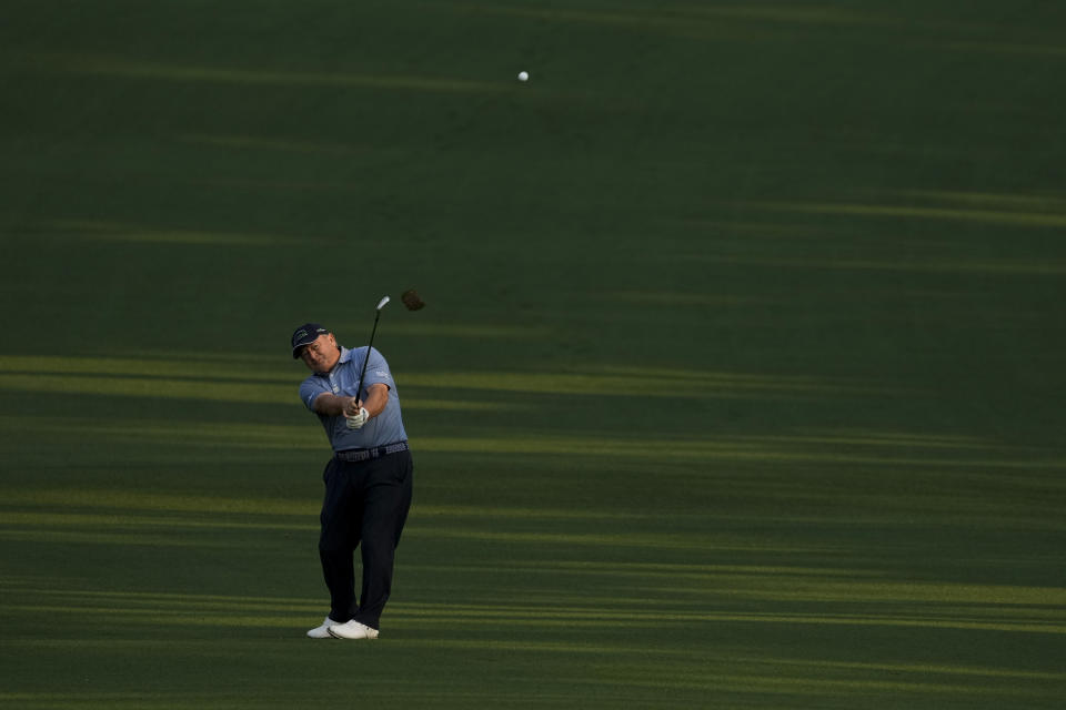 Ian Woosnam hits from the fairway on the second hole during the first round of the Masters golf tournament on Thursday, April 8, 2021, in Augusta, Ga. (AP Photo/David J. Phillip)