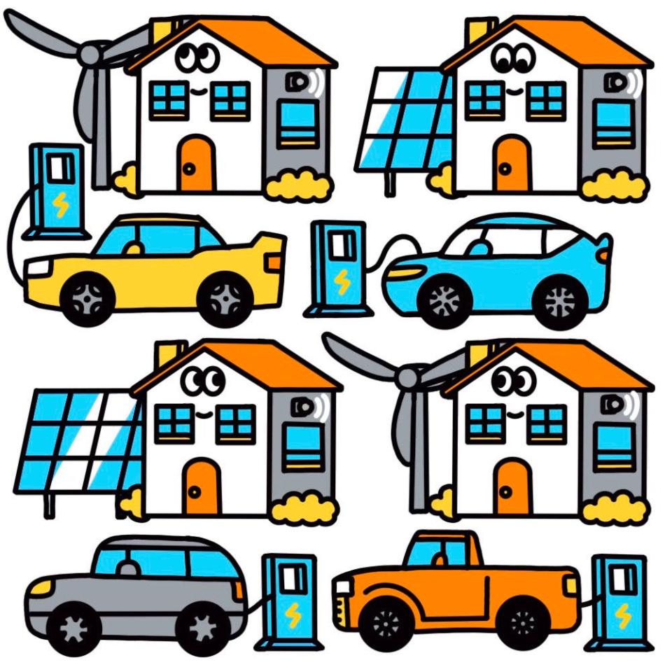 illustration of smiling houses with solar panels and wind turbines and cars plugged into electric charging stations
