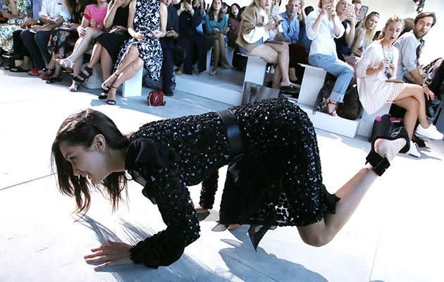 The supermodel took an unfortunate tumble on the catwalk.