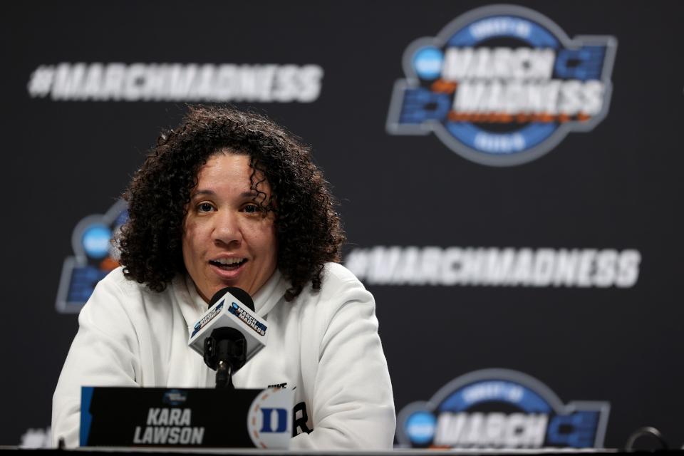 PORTLAND, OREGON - MARCH 29: Head coach Kara Lawson of the Duke Blue Devils speaks to the media during a press conference ahead of the Sweet Sixteen and Elite Eight rounds of the NCAA Women's Basketball Tournament on March 29, 2024 in Portland, Oregon. (Photo by Steph Chambers/Getty Images) ORG XMIT: 776106200 ORIG FILE ID: 2123306687
