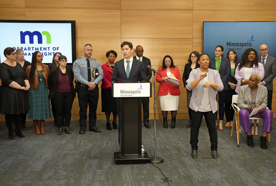 Minneapolis Mayor Jacob Frey speaks during a press conference announcing approval of a sweeping plan to reform policing that aims to reverse years of systemic racial bias, Friday, March 31, 2023 at the Minneapolis Public Service Building in Minneapolis. The Minneapolis City Council on Friday approved an agreement with the state to revamp policing, nearly three years after a city officer killed George Floyd. (David Joles/Star Tribune via AP)